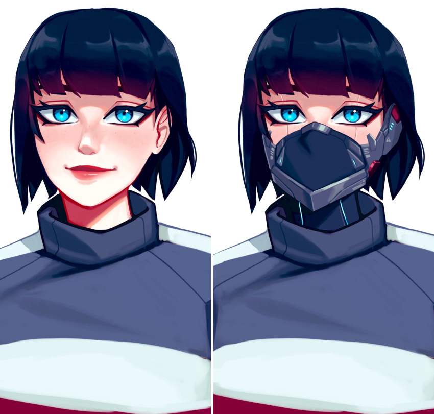 1girl bangs black_hair blue_eyes blunt_bangs commission cyberpunk highres lips looking_at_viewer mask mouth_mask multiple_views qt0ri real_life second-party_source short_hair smile solo suzi_hunter upper_body