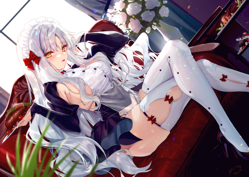 1girl alternate_costume backlighting bangs black_dress breasts caren_hortensia couch crossed_legs dress enmaided fate/grand_order fate/hollow_ataraxia fate_(series) flower food high_heels highres large_breasts legs long_hair long_sleeves looking_at_viewer maid maid_headdress obiwan open_mouth plate rose short_dress shrug_(clothing) sideboob sitting thigh-highs vase wavy_hair white_flower white_hair white_legwear white_rose yellow_eyes