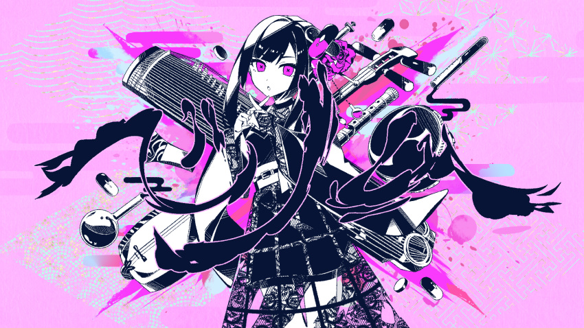 1girl black_dress black_hair character_request dress flower hair_flower hair_ornament highres long_hair looking_at_viewer nou_(nounknown) open_mouth pink_background pink_flower pink_theme solo symbol-shaped_pupils venom_(vocaloid) violet_eyes wagakki_band x-shaped_pupils