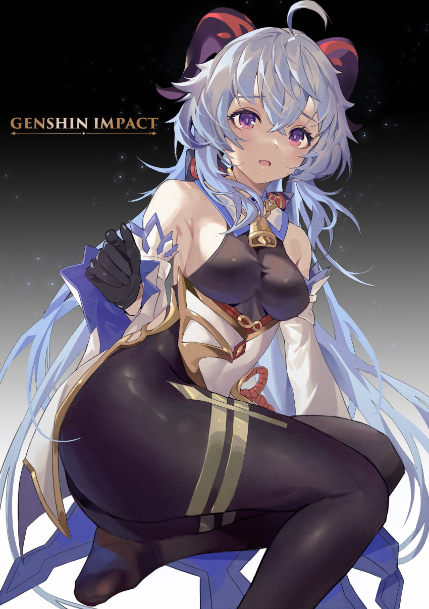 1girl absurdres ahoge arm_support ass bell bigroll black_bodysuit black_gloves blue_hair bodystocking bodysuit breasts brown_bodysuit brown_leotard copyright_name cowbell detached_sleeves flower_knot ganyu_(genshin_impact) genshin_impact gloves goat_horns gold_trim gradient gradient_background grey_background highres horns leotard leotard_under_clothes looking_at_viewer low_ponytail lying medium_breasts no_shoes open_mouth sitting soles solo violet_eyes yokozuwari