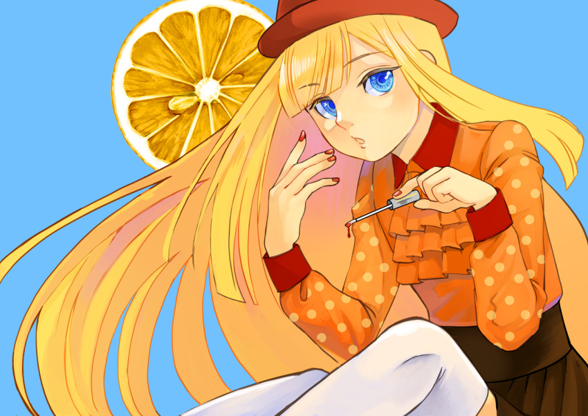 1girl :o ascot bangs blonde_hair blue_eyes brown_skirt commentary_request dress eyebrows_visible_through_hair fate_(series) hat holding knee_up long_hair looking_at_viewer lord_el-melloi_ii_case_files nail_polish orange_shirt painting_nails pleated_skirt polka_dot polka_dot_dress red_headwear red_nails reines_el-melloi_archisorte satou_usuzuku shiny shiny_hair shirt shirt_tucked_in sitting skirt solo thigh-highs unmoving_pattern white_legwear