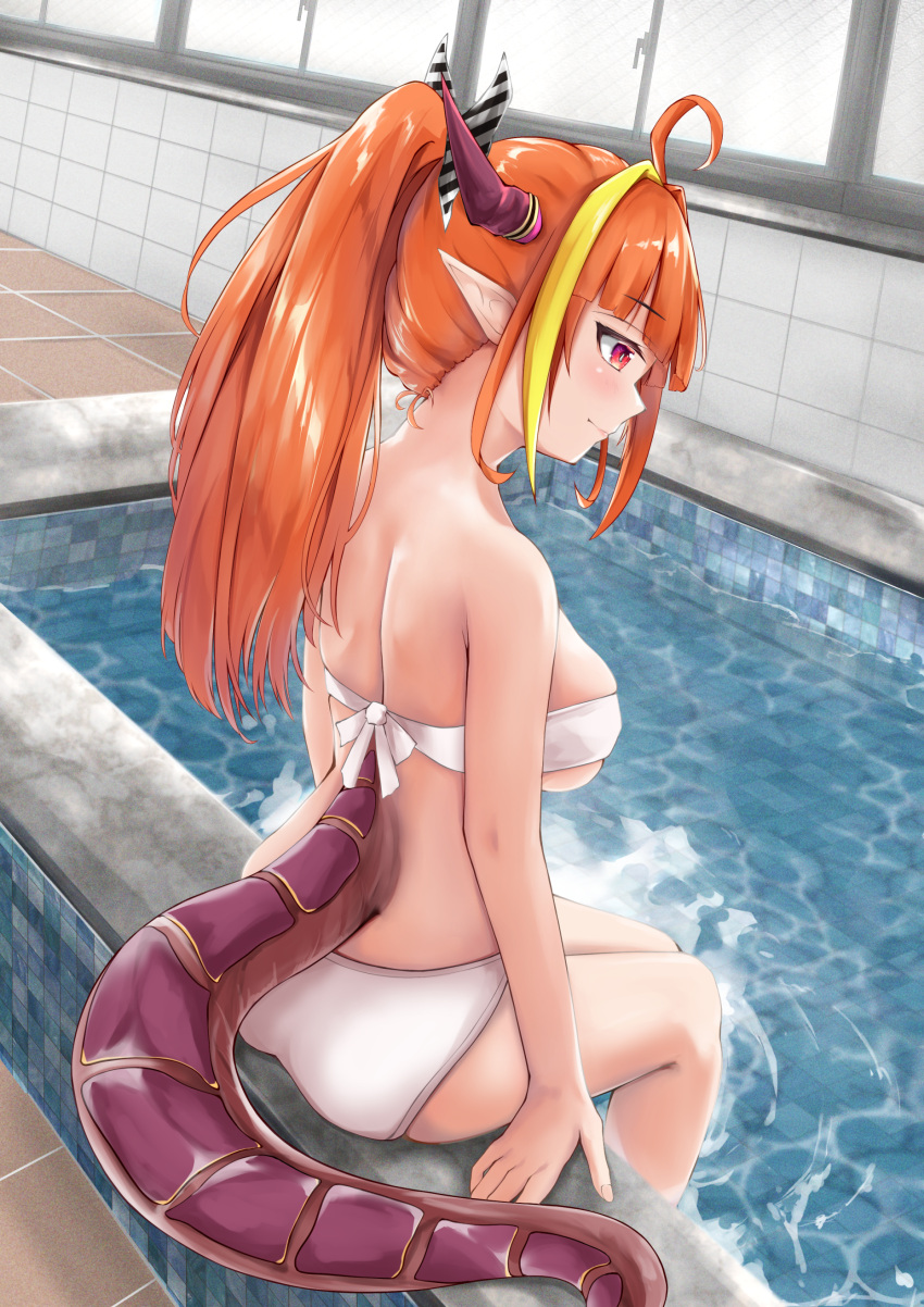 1girl absurdres ahoge ass bangs bikini blonde_hair blunt_bangs bow breasts dragon_girl dragon_horns eyebrows_visible_through_hair facing_away hairband highres hololive horns in_water kiryu_coco large_breasts long_hair looking_at_viewer multicolored_hair orange_hair pointy_ears ponytail pool red_eyes shallow_water sitting strapless strapless_bikini streaked_hair swimsuit tail turboflower under_boob virtual_youtuber water white_bikini