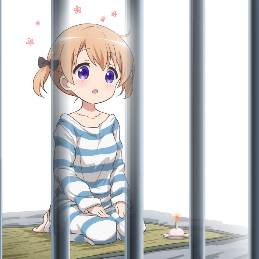 1girl candle gochuumon_wa_usagi_desu_ka? hair_ornament highres hoto_cocoa looking_at_viewer open_mouth prison_cell prison_clothes short_hair suisei_aaru violet_eyes