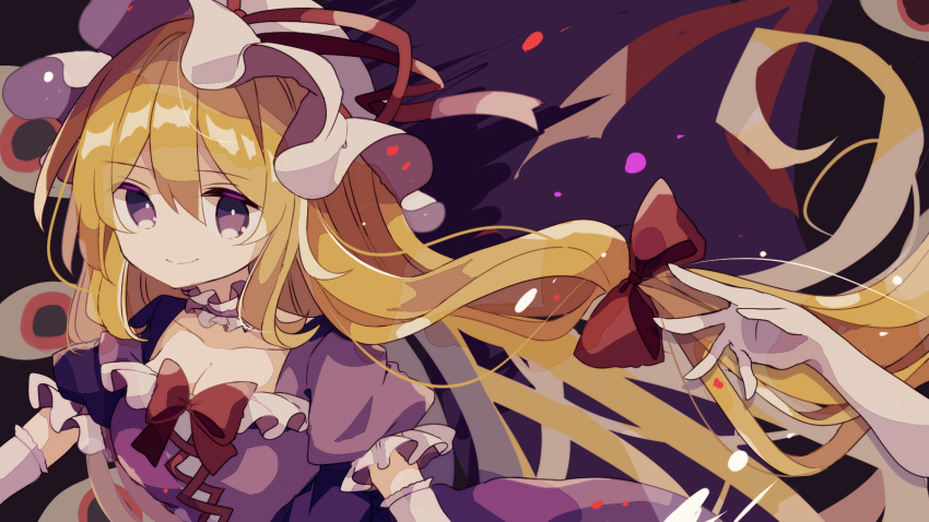 1girl blonde_hair bow choker commentary_request dress elbow_gloves eyes frilled_choker frills gap_(touhou) gloves hair_bow hat hat_ribbon highres long_hair mina_(sio0616) mob_cap purple_background purple_dress red_bow red_ribbon ribbon short_sleeves smile solo touhou upper_body violet_eyes white_gloves white_headwear yakumo_yukari