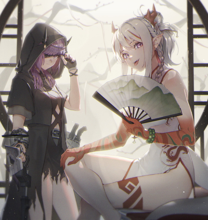 2girls arknights blindfold china_dress chinese_clothes demon_girl demon_horns dress fan highres hood horns long_hair looking_at_viewer multiple_girls nian_(arknights) nian_(unfettered_freedom)_(arknights) one_eye_covered ponytail purgatory_(arknights) purple_hair suyama_kara tail violet_eyes white_hair