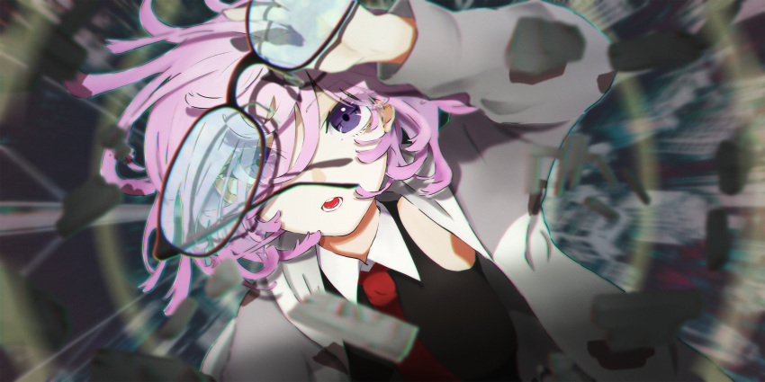 1girl arm_up black_shirt collar fate/grand_order fate_(series) glasses grey_jacket hair_over_one_eye highres hood hooded_jacket jacket long_sleeves mash_kyrielight nagiuo necktie open_clothes open_jacket open_mouth purple_hair red_neckwear shadow shirt solo violet_eyes white_collar