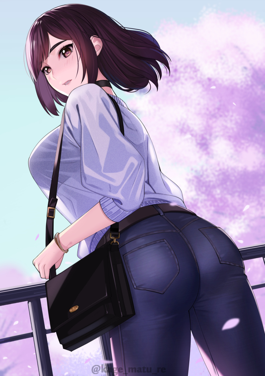 1girl absurdres ass bag bangs belt blue_pants blush breasts cherry_blossoms choker denim highres jeans kagematsuri large_breasts long_sleeves looking_at_viewer looking_back medium_hair original pants shirt shoulder_bag thighs tree white_shirt