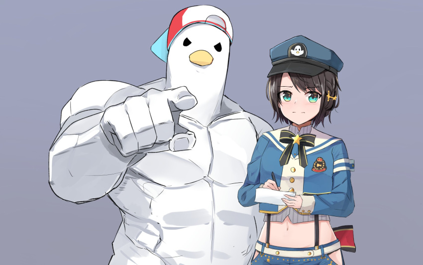 1girl 1other backwards_hat bangs bird blue_background blue_eyes blue_jacket breasts brown_hair closed_mouth commentary_request cowboy_shot crop_top duck eyebrows_visible_through_hair grey_shirt hair_ornament hat highres holding holding_paper holding_pen hololive jacket long_hair looking_at_viewer mascot midriff navel official_alternate_costume oozora_subaru paper pen pointing pointing_at_viewer police_hat shiny shiny_hair shirt short_hair shuuzo3 simple_background skirt sleeves_past_wrists subaru_duck suspender_skirt suspenders swept_bangs virtual_youtuber worried writing