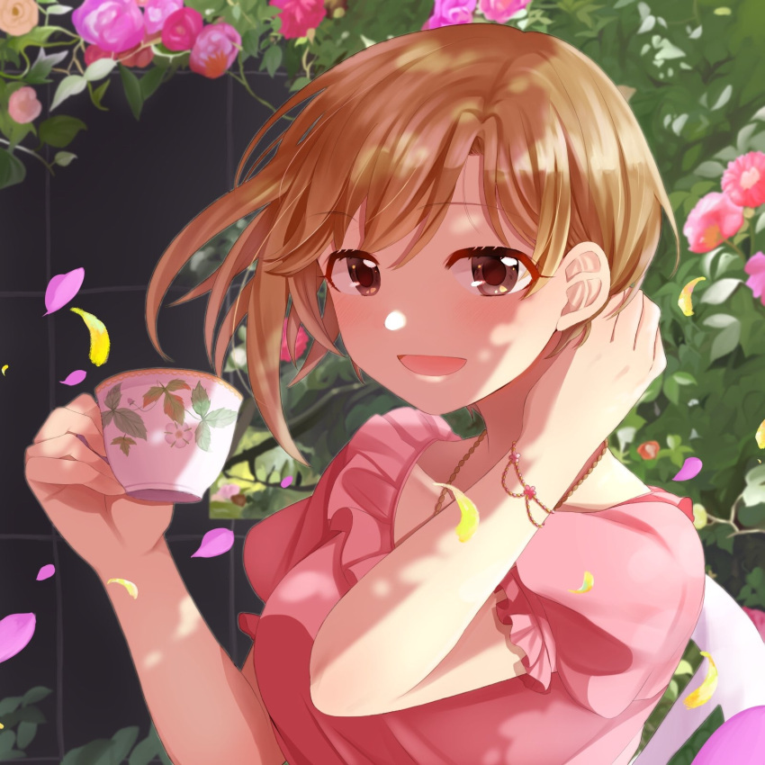 1girl aiba_yumi blush bracelet breasts brown_hair cup flower frilled_shirt frilled_sleeves frills hand_on_own_neck highres holding holding_cup idolmaster idolmaster_cinderella_girls idolmaster_cinderella_girls_starlight_stage jewelry leaf looking_at_viewer medium_breasts necklace open_mouth petals pink_shirt ponzu_(rrrritisu) puffy_short_sleeves puffy_sleeves rose shirt short_hair short_sleeves sitting smile solo tea upper_body wall