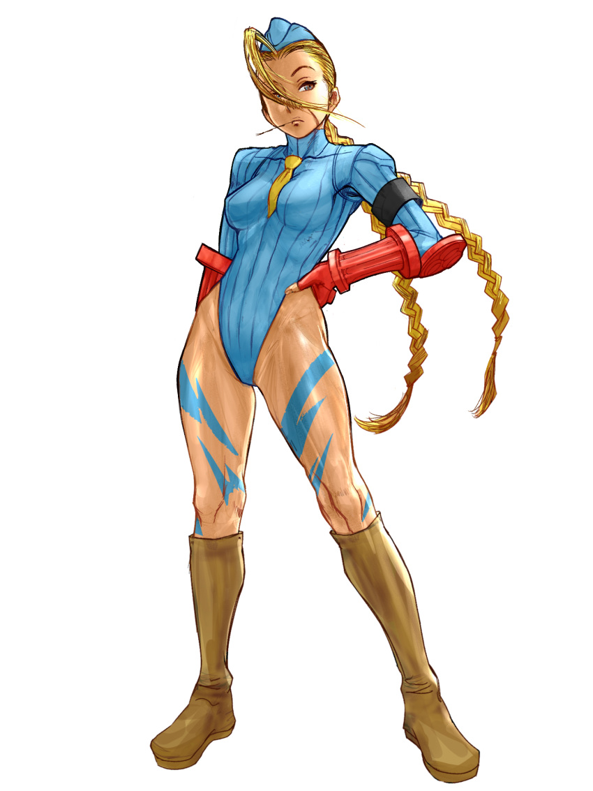 1girl ahoge arm_at_side between_breasts blonde_hair blue_eyes blue_headwear blue_leotard bodypaint boots braid breasts brown_footwear cammy_white elbow_gloves fingerless_gloves full_body garrison_cap gloves grey_eyes hair_over_one_eye hand_on_hip hat highleg highleg_leotard highres huge_ahoge knee_boots leotard long_braid long_hair medium_breasts mouth_hold necktie necktie_between_breasts red_gloves ribbed_leotard scar scar_on_cheek scar_on_face shoulder_pads single_elbow_pad solo stalk_in_mouth standing street_fighter street_fighter_zero_(series) toned twin_braids white_background xfiro yellow_neckwear