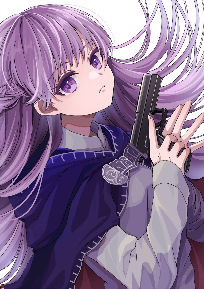 1girl absurdres baggy_clothes blue_cape blue_dress braid cape commission commissioner_upload dress expressionless eyebrows_visible_through_hair fire_emblem fire_emblem:_the_binding_blade french_braid gun highres holding holding_gun holding_weapon long_hair looking_at_viewer purple_hair solo sophia_(fire_emblem) standing transparent_background violet_eyes weapon yoshiki1020
