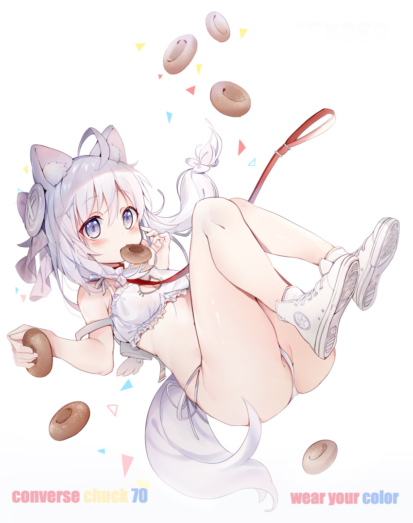 1girl absurdres ahoge amafuyu animal_ear_fluff animal_ears bangs blue_eyes blush bow bra breasts cat_cutout cleavage_cutout clothing_cutout commentary_request converse doughnut english_text eyebrows_visible_through_hair food food_in_mouth frilled_bra frills full_body hair_between_eyes hair_bow hair_ornament highres holding holding_food large_buttons leash long_hair looking_at_viewer mouth_hold original panties product_placement shoes side-tie_panties small_breasts sneakers solo tail underwear underwear_only white_background white_bow white_bra white_footwear white_hair white_panties
