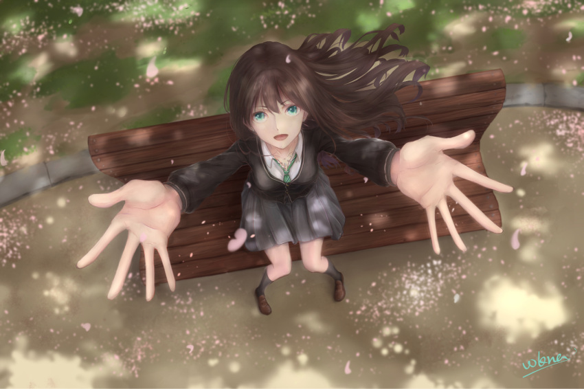 1girl bench black_legwear breasts brown_footwear brown_hair cardigan cherry_blossoms from_above green_eyes grey_skirt idolmaster idolmaster_cinderella_girls loafers long_hair looking_at_viewer medium_breasts necktie outstretched_arms park_bench pleated_skirt school_uniform shibuya_rin shoes skirt smile solo wind wind_lift wkna_(670139982)