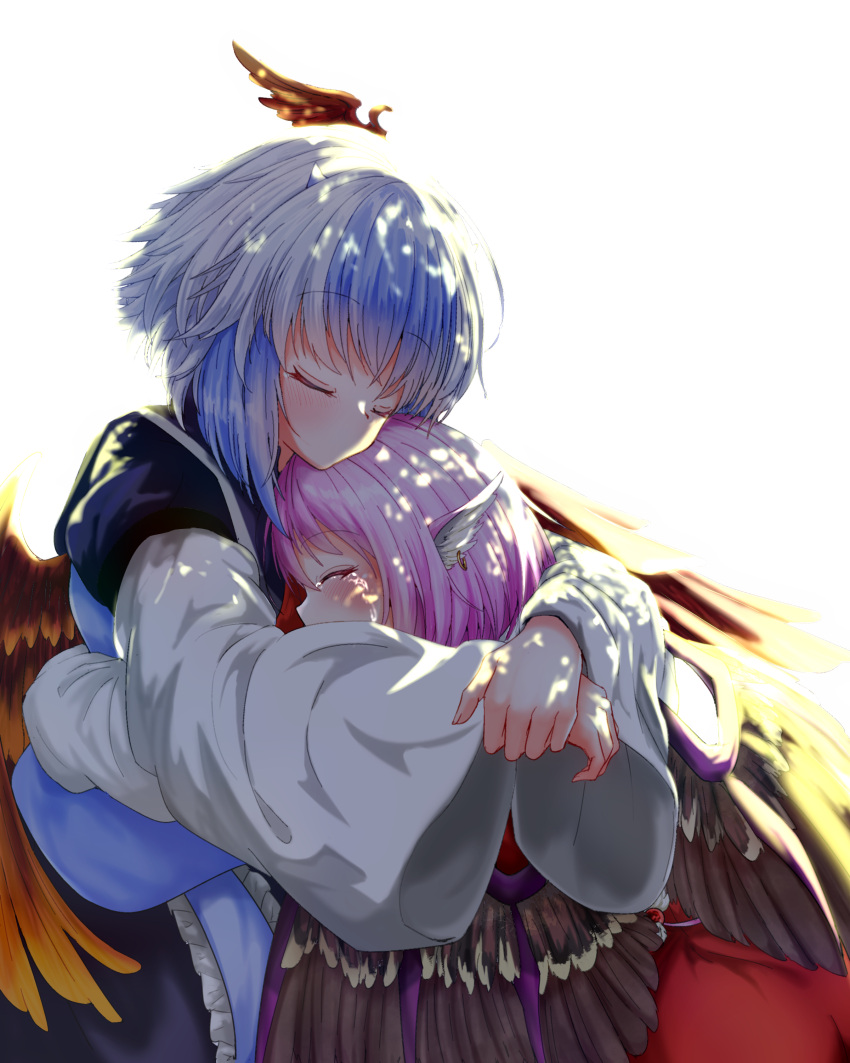 2girls absurdres bangs besuteia bird_wings blue_dress blue_hair brown_skirt closed_eyes commentary_request crying dappled_sunlight dress eyebrows_visible_through_hair feathered_wings head_wings highres hug jewelry leaning_on_person long_sleeves multicolored_hair multiple_girls mystia_lorelei own_hands_together pink_hair short_hair single_earring single_head_wing skirt sunlight tears tokiko_(touhou) touhou two-tone_hair upper_body white_background white_hair white_sleeves wings