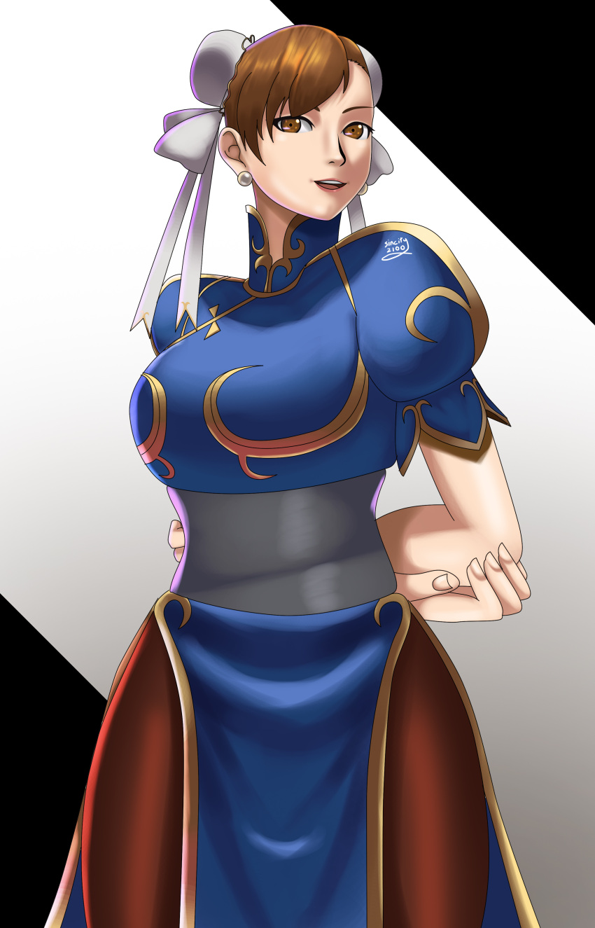 1girl arms_behind_back blue_dress brown_eyes brown_hair bun_cover chinese_clothes chun-li deviantart earrings fanart_from_deviantart gradient_background happy lipstick puffy puffy_short_sleeves puffy_sleeves short_hair sincity2100 smile solo street_fighter