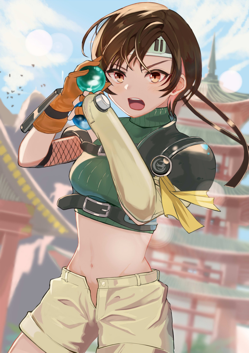 1girl absurdres architecture armor asymmetrical_gloves bangs blurry blurry_background bokeh breasts brown_eyes brown_gloves brown_hair brown_shorts clouds commentary cowboy_shot crop_top cropped_sweater depth_of_field doseki89 east_asian_architecture final_fantasy final_fantasy_vii final_fantasy_vii_remake fingerless_gloves fishnets furrowed_eyebrows gloves green_sweater groin headband highres holding looking_at_viewer materia medium_breasts midriff navel open_fly open_mouth outdoors pagoda ribbed_sweater short_hair shorts shouting sky sleeveless sleeveless_sweater sleeveless_turtleneck solo sweater turtleneck turtleneck_sweater unbuttoned yuffie_kisaragi