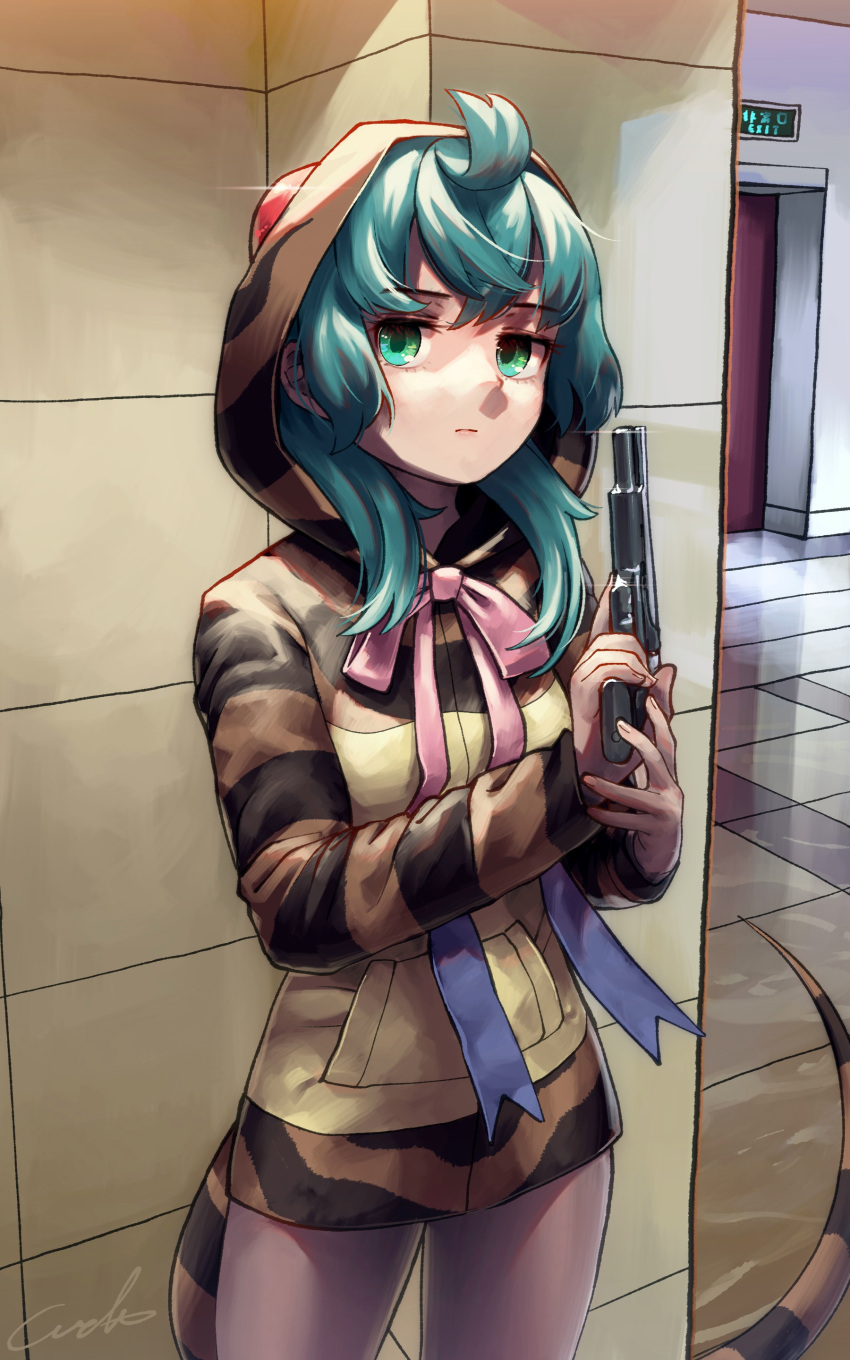 1girl absurdres bangs commentary_request cowboy_shot emergency_exit exit_sign expressionless eyebrows_visible_through_hair green_eyes green_hair gun handgun highres holding holding_gun holding_weapon hood hood_up hoodie indoors kemono_friends long_hair long_sleeves looking_at_viewer neck_ribbon ribbon signature snake_tail solo striped striped_hoodie striped_tail tail tsuchinoko_(kemono_friends) weapon welt_(kinsei_koutenkyoku)