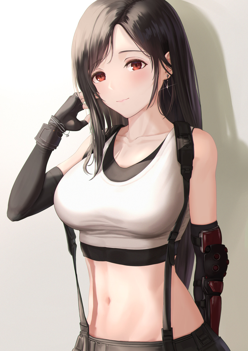 1girl absurdres arm_guards bangs bare_shoulders black_gloves black_hair blush breasts collarbone commentary earrings elbow_gloves eyebrows_visible_through_hair final_fantasy final_fantasy_vii fingerless_gloves gloves hand_in_hair highres jewelry long_hair looking_at_viewer medium_breasts midriff navel red_eyes solo suspenders tank_top tifa_lockhart tooku0 upper_body white_tank_top