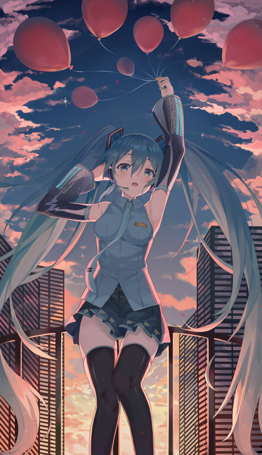 1girl absurdres balloon bangs black_legwear blue_eyes blue_hair blue_neckwear blue_shirt blue_skirt blush breasts city collared_shirt commentary detached_sleeves feet_out_of_frame hair_between_eyes hatsune_miku headset highres holding holding_balloon k.j. long_hair long_sleeves looking_at_viewer medium_breasts miniskirt necktie open_mouth pleated_skirt railing shirt skirt sky solo standing thigh-highs twintails very_long_hair vocaloid