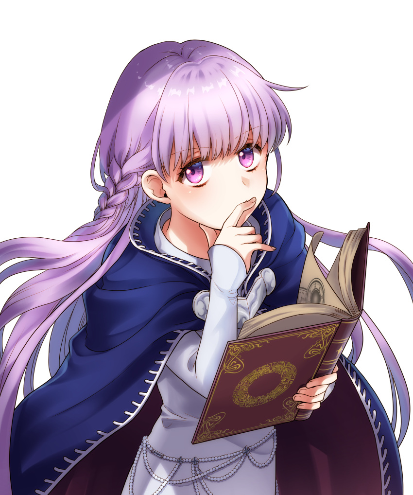1girl absurdly_long_hair absurdres belly_chain blue_cape blue_dress book braid breasts cape commission commissioner_upload dress expressionless eyebrows_visible_through_hair fire_emblem fire_emblem:_the_binding_blade french_braid highres jewelry long_hair looking_up pluspt purple_hair solo sophia_(fire_emblem) standing transparent very_long_hair violet_eyes