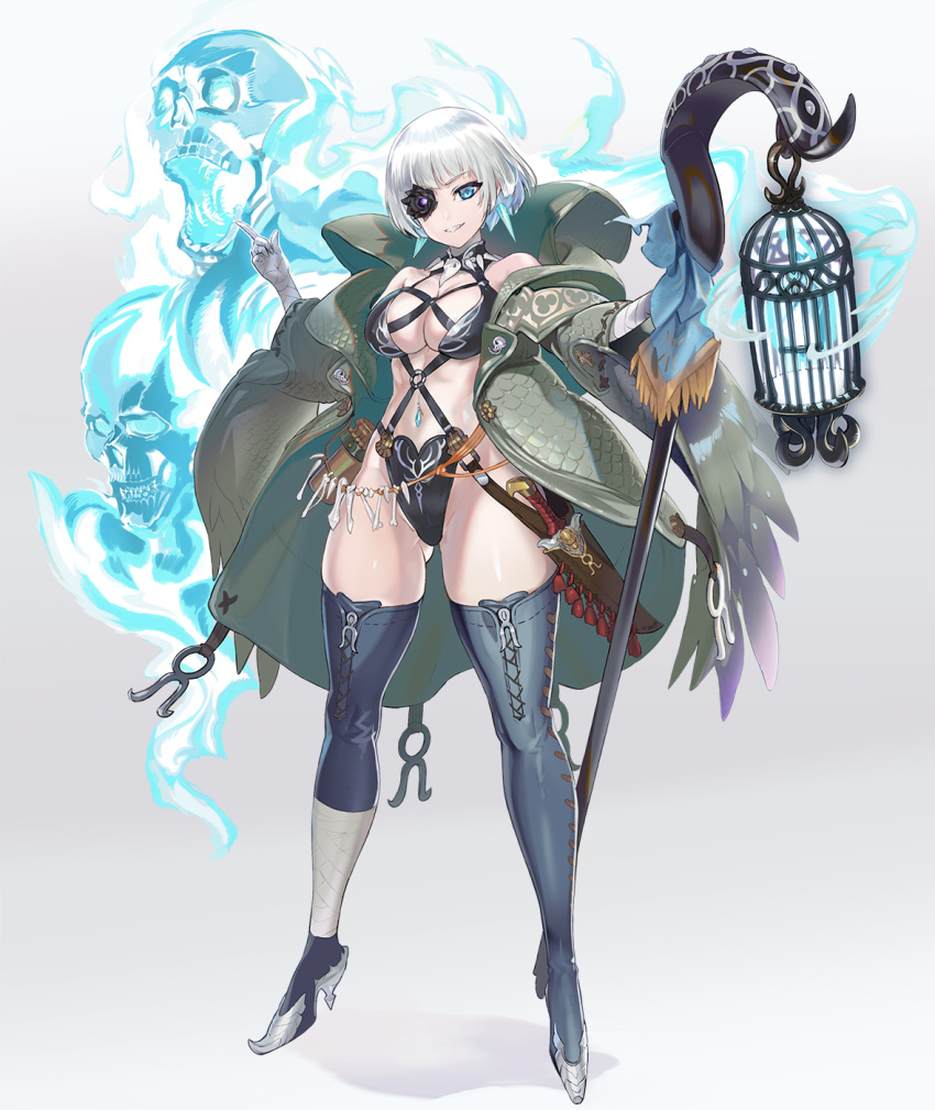 1girl ass_visible_through_thighs bandaged_hands bandages bangs blue_eyes boots cage coat dagger earrings eyepatch grin high_heels highres holding holding_staff jewelry looking_at_viewer navel navel_piercing ookuma_nekosuke piercing revealing_clothes sheath sheathed short_hair silver_hair smile solo staff thigh-highs thigh_boots weapon