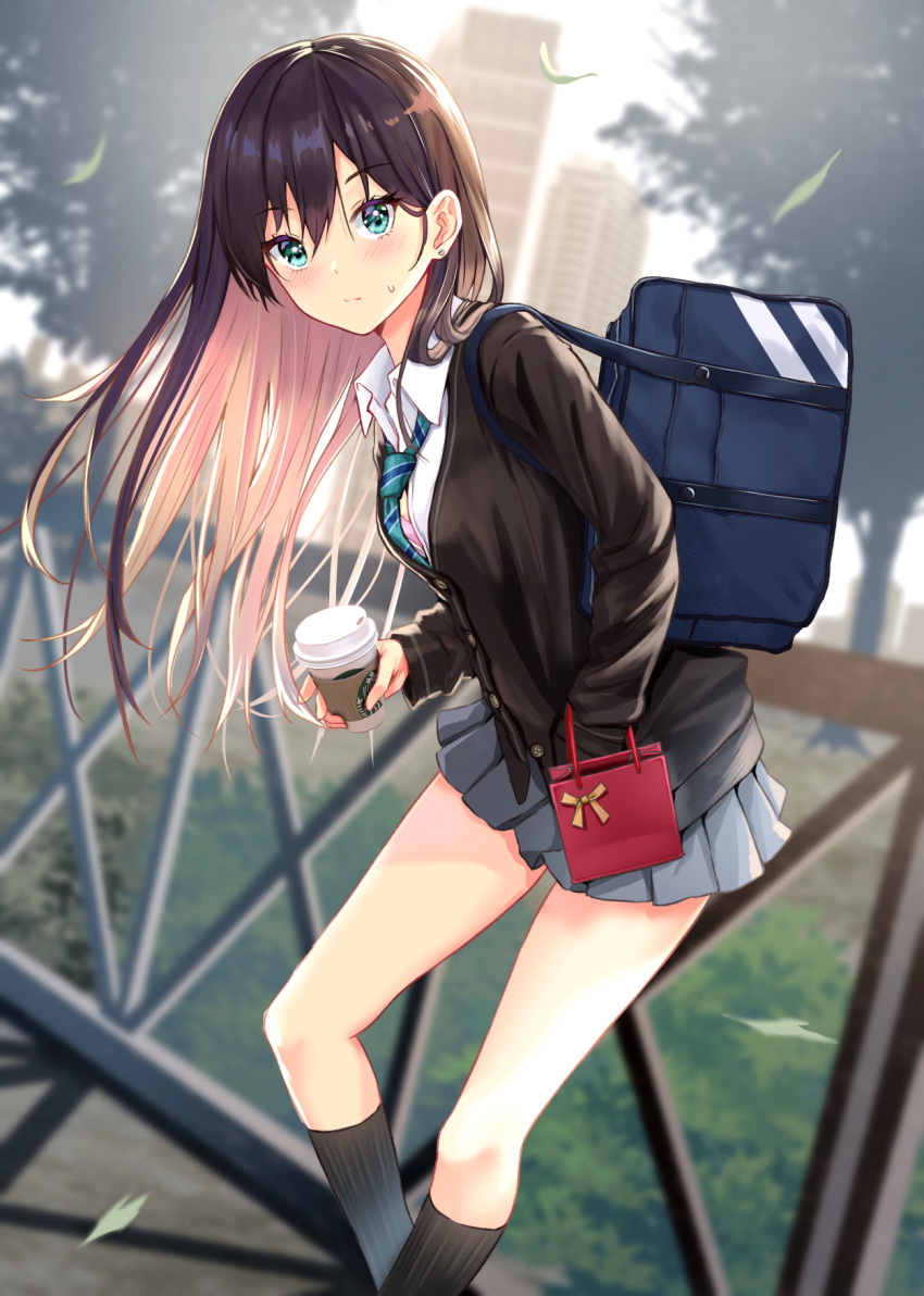 1girl bag bare_legs black_cardigan black_hair black_legwear blurry blush bra bra_peek cardigan closed_mouth cowboy_shot cup depth_of_field eyebrows_visible_through_hair gift_bag glint green_eyes grey_skirt hand_in_pocket highres holding holding_cup idolmaster idolmaster_cinderella_girls leaf looking_at_viewer looking_to_the_side nanashi_(74_nanashi) necktie open_collar outdoors pink_bra pleated_skirt school_bag shibuya_rin shiny shiny_hair shirt skirt solo striped striped_neckwear sunlight sweatdrop underwear valentine white_shirt