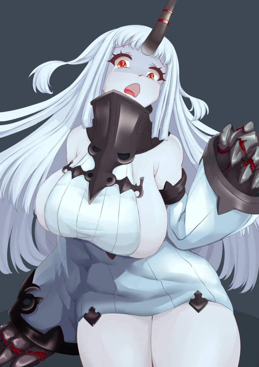 1girl absurdres abyssal_ship breasts claws detached_sleeves dress fang highres horns kantai_collection large_breasts long_hair open_mouth pale_skin red_eyes ribbed_dress s0929_tw seaport_princess short_dress single_horn solo sweater sweater_dress very_long_hair white_hair