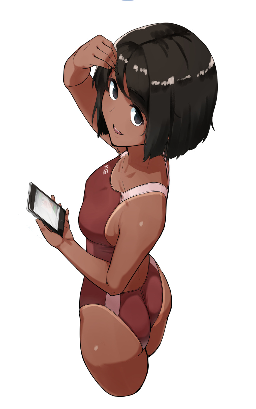 absurdres adjusting_hair bangs black_eyes black_hair bob_cut cellphone collarbone competition_swimsuit cropped_legs dark_skin dark-skinned_female from_above hand_on_own_head highres holding holding_phone looking_at_viewer looking_to_the_side looking_up one-piece_swimsuit original phone red_swimsuit sametogoreijou short_hair simple_background smartphone smile swimsuit tan tanline tanline_peek white_background