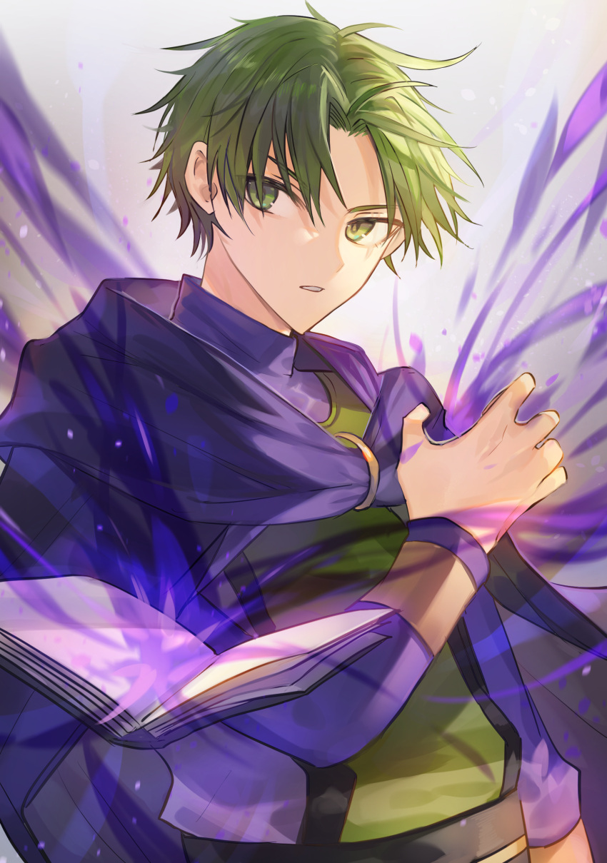 1boy absurdres book cape commission commissioner_upload fingerless_gloves fire_emblem fire_emblem:_the_binding_blade fire_emblem_heroes gloves green_eyes green_hair highres magic male_focus raigh_(fire_emblem) serious solo teeth voyager_bihai