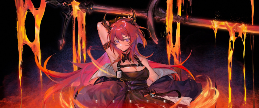 1girl arknights bare_shoulders demon demon_girl demon_horns dress duplicate highres horns long_hair looking_at_viewer mayf42 redhead solo surtr_(arknights) sword violet_eyes weapon