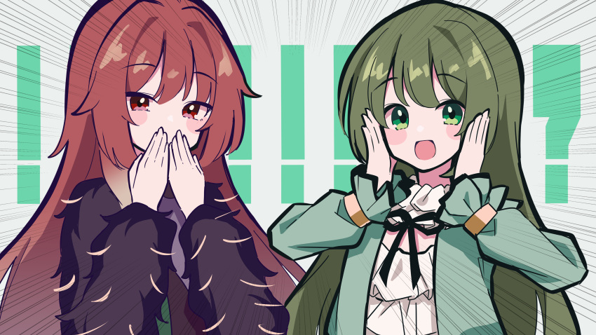 ! !! !? 2girls :o absurdres aketa_mikoto blush_stickers covering_mouth emphasis_lines eyebrows_visible_through_hair frilled_shirt frilled_sleeves frills fur-trimmed_jacket fur_trim green_hair hand_to_own_mouth hands_on_own_cheeks hands_on_own_face hands_together highres idol idolmaster idolmaster_shiny_colors jacket long_hair long_sleeves looking_at_viewer multiple_girls nanakusa_nichika neck_ribbon redhead ribbon shhis_(idolmaster) shirt sidelocks simple_background smile uhouhogorigori very_long_hair