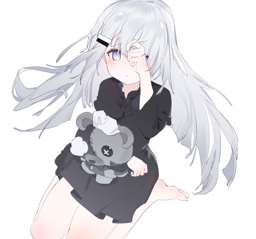 1girl black_dress dress hair_ornament hair_over_one_eye haizumi_(noworld) highres long_hair mzgr3454 noir_(noworld) noworld stuffed_animal stuffed_toy violet_eyes virtual_youtuber white_hair