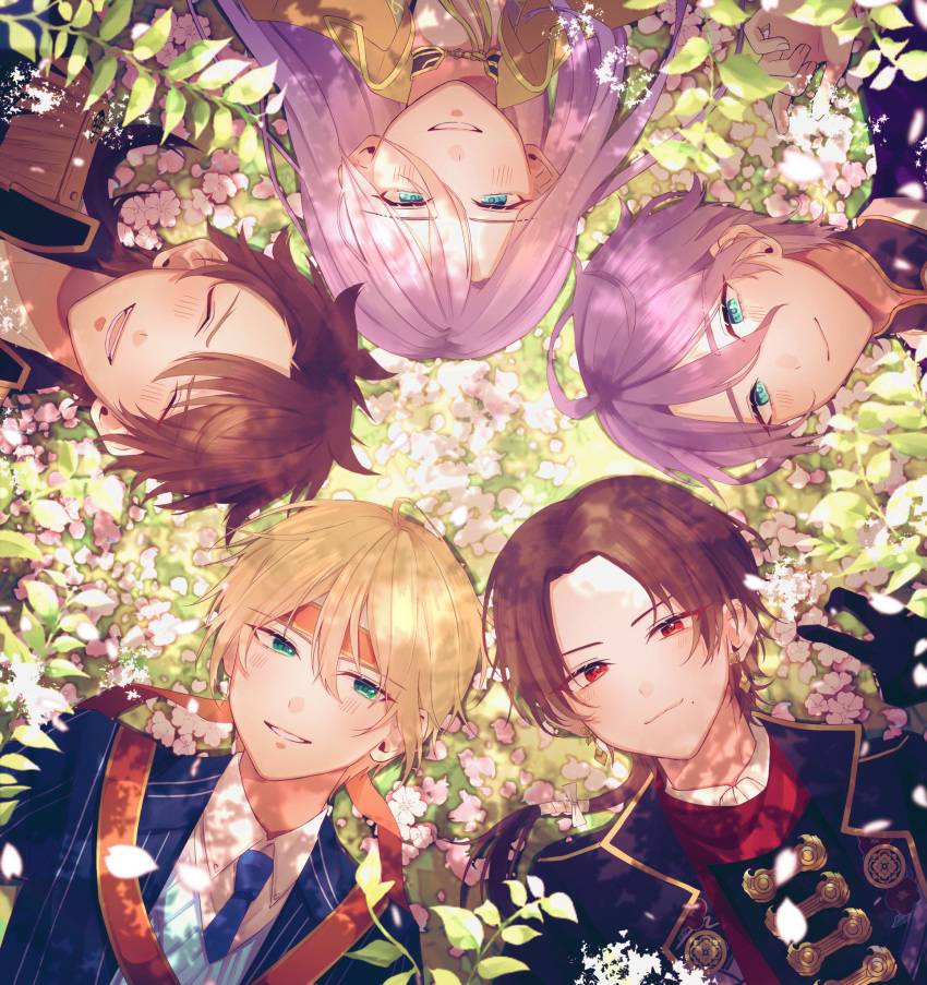 5boys ^_^ aqua_eyes blonde_hair blue_eyes brown_hair cherry_blossoms closed_eyes collared_shirt earrings from_above grass hachisuka_kotetsu headband highres jewelry kasen_kanesada kashuu_kiyomitsu kiwame_(touken_ranbu) leaf lying male_focus mole mole_under_mouth multiple_boys mutsu-no-kami_yoshiyuki necktie on_back petals purple_hair red_eyes red_scarf scarf shirt smile touken_ranbu upper_body yamanbagiri_kunihiro yonemaru