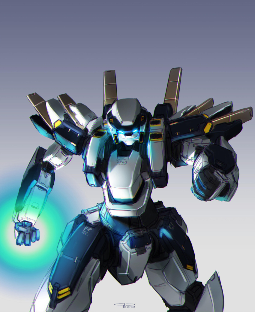 absurdres arbalest arm_slave_(mecha) blue_eyes clenched_hands english_commentary full_metal_panic! gio_tengco glowing glowing_eyes glowing_hand gradient gradient_background highres looking_at_viewer mecha no_humans science_fiction solo