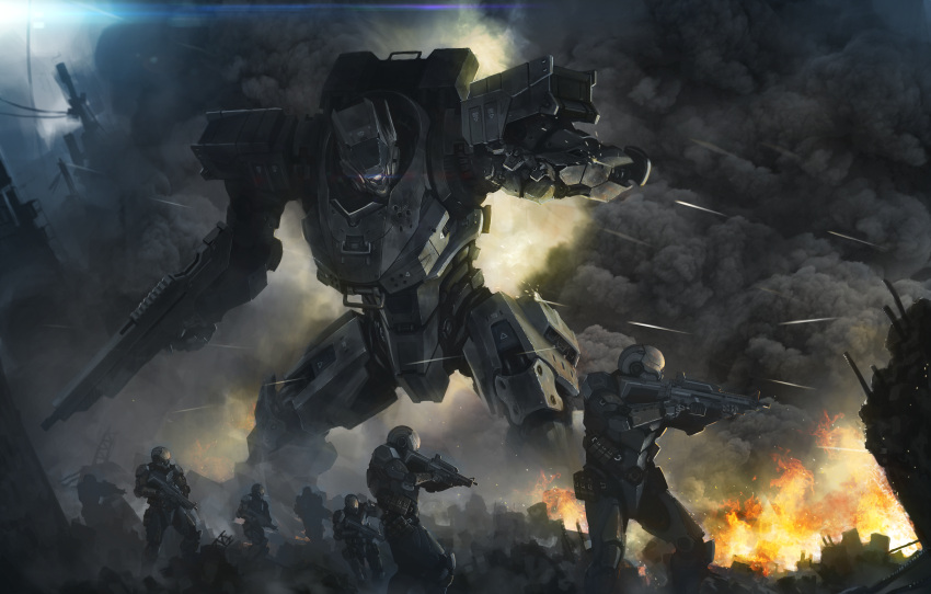 6+boys armor english_commentary fire firing gun helmet highres holding holding_gun holding_weapon laslolf looking_ahead mecha multiple_boys no_humans one-eyed original science_fiction smoke solo weapon