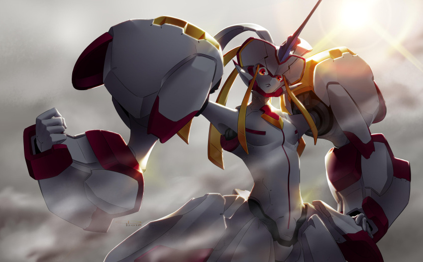 1girl breasts clenched_hand darling_in_the_franxx gio_tengco hand_on_hip highres horns leaning_back looking_at_viewer looking_down mecha no_humans red_eyes science_fiction single_horn small_breasts solo strelizia sunlight