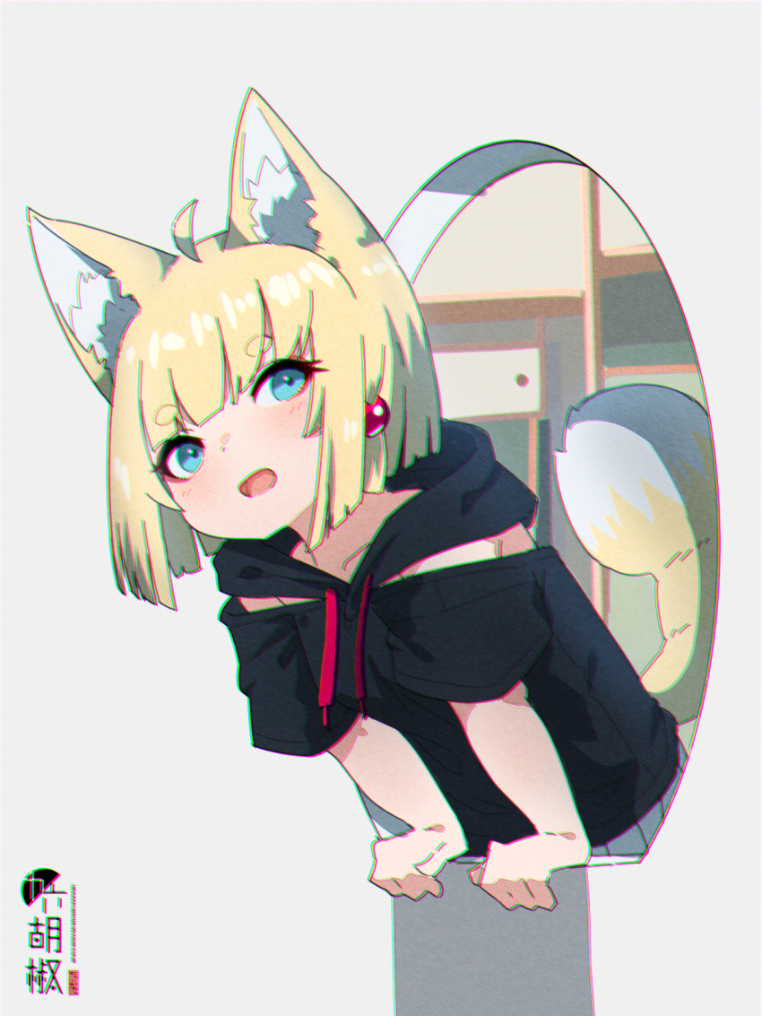 1girl :d ahoge animal_ear_fluff animal_ears arm_support bangs black_hoodie blonde_hair blue_eyes chromatic_aberration collarbone commentary_request drawstring eyebrows_visible_through_hair fox_ears fox_girl fox_tail grey_background highres hood hood_down hoodie kuro-chan_(kuro_kosyou) kuro_kosyou leaning_forward looking_at_viewer open_mouth original pleated_skirt short_eyebrows short_sleeves skirt smile solo tail thick_eyebrows white_skirt wide_sleeves