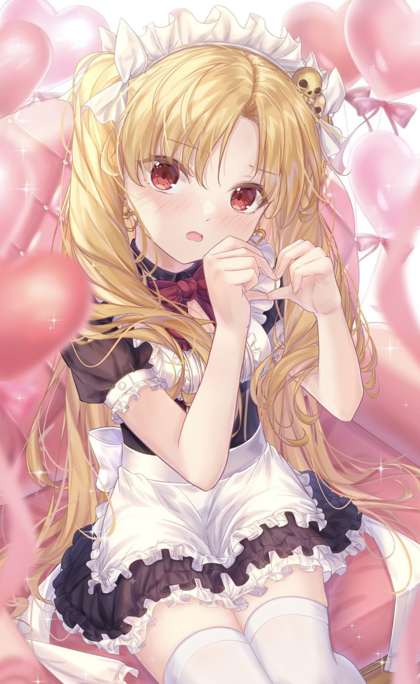 1girl alternate_costume apron balloon bangs black_dress blonde_hair blush bow bowtie breasts center_frills commentary_request dress earrings enmaided ereshkigal_(fate) fate/grand_order fate_(series) frills hair_ornament hands_up heart heart_earrings heart_hands highres jewelry long_hair looking_at_viewer maid maid_headdress nattsu_(nattu888_8) open_mouth parted_bangs puffy_short_sleeves puffy_sleeves red_bow red_eyes short_dress short_sleeves sitting skull_hair_ornament small_breasts solo thigh-highs two_side_up waist_apron white_apron white_legwear zettai_ryouiki