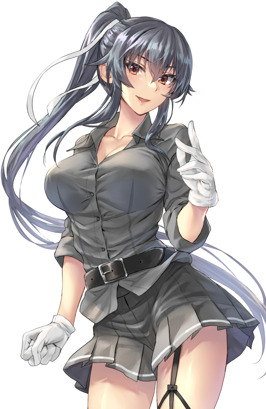 1girl belt belt_buckle black_belt black_hair breasts brown_eyes buckle buttons collarbone collared_shirt cowboy_shot eyebrows_visible_through_hair gloves grey_shirt grey_skirt hair_between_eyes highres kantai_collection kokuzou large_breasts long_hair long_sleeves open_mouth pleated_skirt ponytail remodel_(kantai_collection) shirt simple_background skirt smile solo very_long_hair white_background white_gloves yahagi_(kancolle)