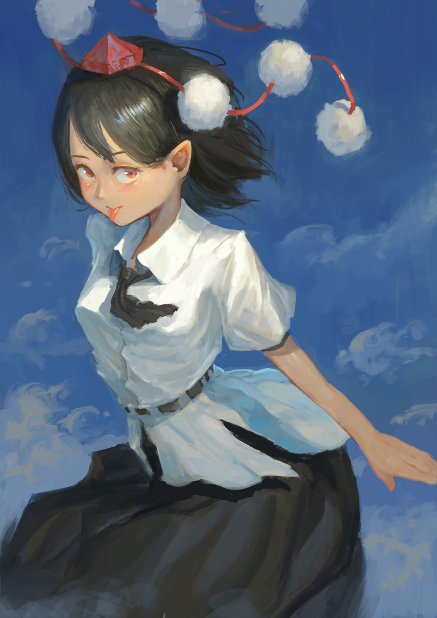 1girl :p arms_behind_back belt black_hair black_neckwear black_skirt blue_background breasts clouds cowboy_shot cravat fjsmu hair_blowing hat highres leaning_forward looking_at_viewer medium_breasts pointy_ears pom_pom_(clothes) puffy_short_sleeves puffy_sleeves red_eyes red_headwear shameimaru_aya shiny shiny_hair shirt short_hair short_sleeves skirt solo standing tokin_hat tongue tongue_out touhou untucked_shirt white_shirt wind wind_lift