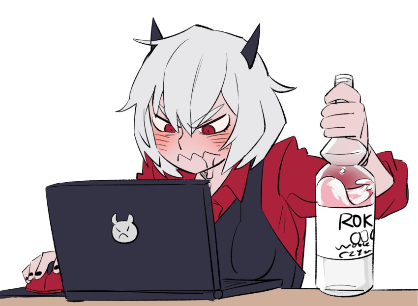 1girl alcohol black_nails black_vest blush bottle breasts closed_mouth collared_shirt commentary computer demon_horns dress_shirt drooling english_commentary eyebrows_visible_through_hair hair_between_eyes helltaker holding holding_bottle horns laptop long_sleeves malina_(helltaker) medium_breasts mixed-language_commentary mouse_(computer) nail_polish red_eyes red_shirt saliva shirt shishima_eichi short_hair silver_hair simple_background solo table tsurime upper_body vest wavy_mouth white_background wing_collar