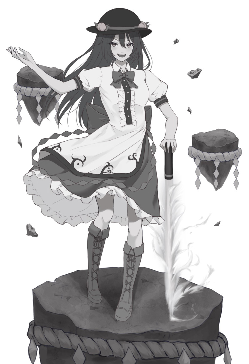 1girl :d back_bow bangs blush boots bow bowtie breasts center_frills commentary_request cross-laced_footwear eyebrows_visible_through_hair floating_island food frills fruit full_body greyscale hair_between_eyes hand_up hat highres hinanawi_tenshi knee_boots long_hair looking_at_viewer medium_breasts monochrome open_mouth peach petticoat planted_sword planted_weapon puffy_short_sleeves puffy_sleeves shirt short_sleeves simple_background skirt smile solo standing sword sword_of_hisou touhou umeko_81 v-shaped_eyebrows very_long_hair weapon white_shirt