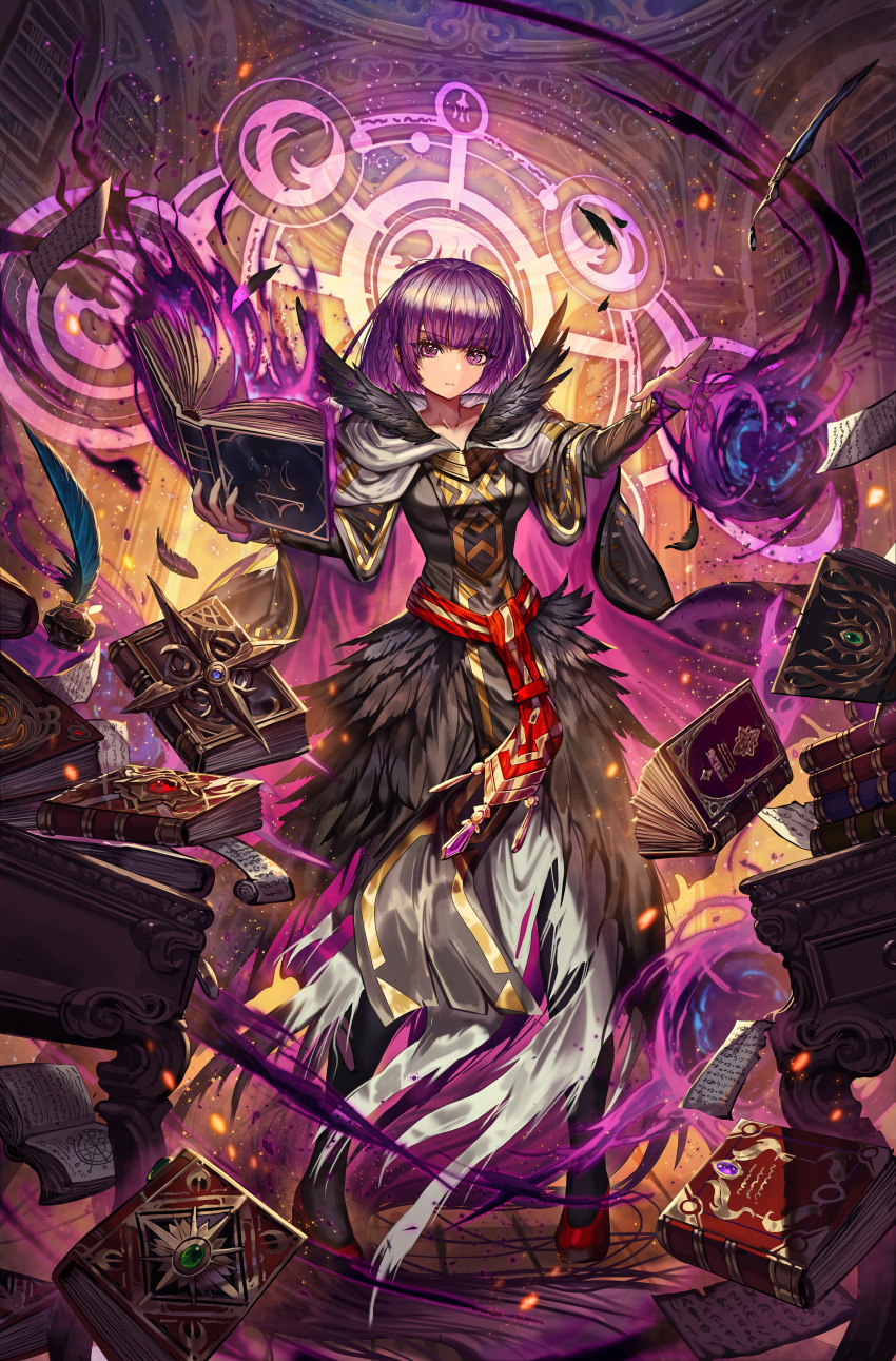 1girl absurdly_long_hair absurdres belt black_feathers book braid breasts commission commissioner_upload dress feathers fire_emblem fire_emblem:_the_binding_blade fire_emblem_heroes french_braid gem highres huge_filesize indoors library long_hair long_sleeves magic_circle medium_breasts open_book purple_hair red_footwear sa-dui serious skin_tight solo sophia_(fire_emblem) very_long_hair violet_eyes