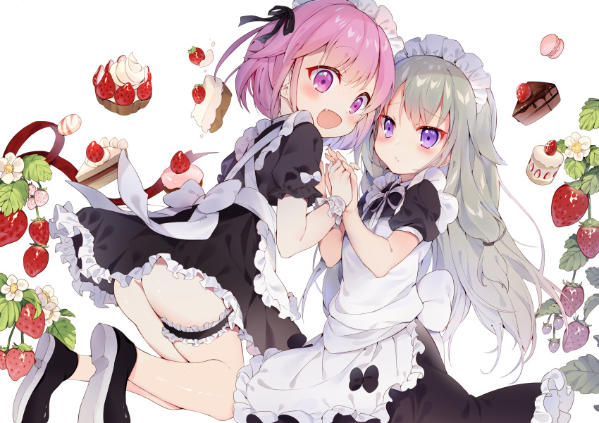2girls :d absurdres amafuyu apron back_bow bangs bare_legs black_dress black_footwear black_ribbon blush bow cake cake_slice candy chocolate_cake commentary_request dress eyebrows_visible_through_hair fang food frilled_dress frills fruit grey_hair hair_ribbon highres holding_hands jumping kusanagi_nene leg_garter long_hair looking_at_viewer maid maid_apron maid_headdress multiple_girls ootori_emu open_mouth pink_eyes pink_hair plant project_sekai puffy_short_sleeves puffy_sleeves ribbon shoes short_hair short_sleeves smile strawberry strawberry_cake violet_eyes white_apron white_background white_bow wrist_cuffs