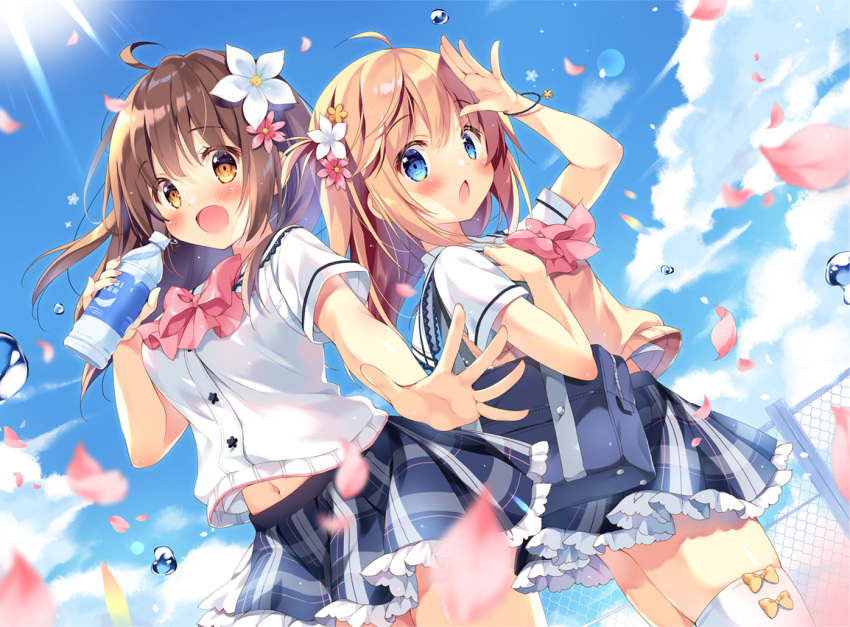 2girls :d arm_up bag bangs black_skirt blue_eyes blue_sky blush bottle bow breasts brown_eyes brown_hair chain-link_fence clouds commentary_request day dutch_angle eyebrows_visible_through_hair fence flower hair_between_eyes hair_flower hair_ornament haruka-chan_(pan_(mimi)) holding holding_bottle kokoa-chan_(pan_(mimi)) light_brown_hair long_hair medium_breasts multiple_girls open_mouth original outdoors pan_(mimi) petals pink_bow pink_flower plaid plaid_skirt pleated_skirt school_bag school_uniform shirt short_sleeves skirt sky smile sweater_vest thigh-highs water_bottle water_drop white_flower white_legwear white_shirt yellow_bow yellow_flower