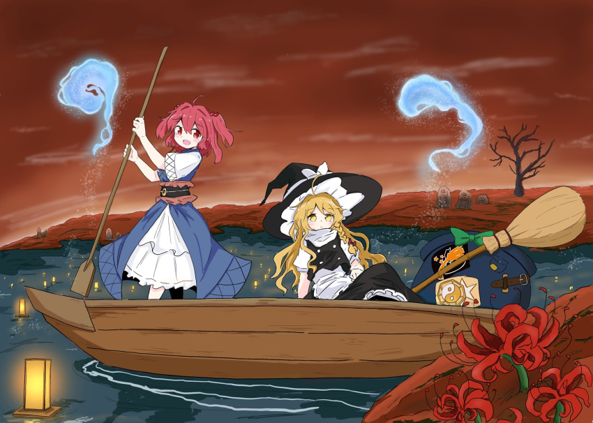 2girls :d apron black_headwear blonde_hair blue_dress boat bow braid broom closed_mouth dress flower full_body graveyard green_bow hair_bobbles hair_bow hair_ornament hat hat_bow highres hitodama holding holding_paddle kirisame_marisa lantern lantern_on_liquid long_hair looking_at_viewer multiple_girls o-ring obi onozuka_komachi open_mouth outdoors paddle paper_lantern red_bow red_eyes red_flower redhead sash shirt short_hair short_sleeves side_braid single_braid sitting smile standing tatutaniyuuto touhou two_side_up waist_apron water watercraft white_apron white_bow white_shirt wide_sleeves witch_hat yellow_eyes