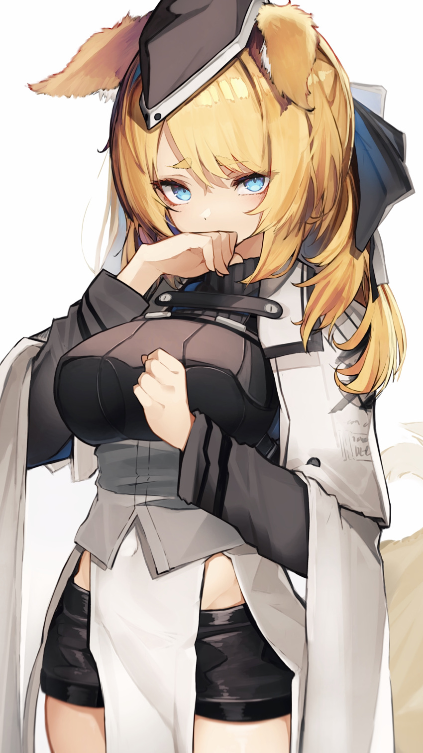 1girl absurdres animal_ears arknights bangs black_headwear black_shorts blonde_hair blue_eyes blush breasts covered_navel covering_mouth cowboy_shot ears_down eyebrows_visible_through_hair eyelashes garrison_cap hand_up hat highres horse_ears horse_girl horse_tail long_hair long_sleeves looking_at_viewer medium_breasts short_shorts shorts simple_background solo tab_head tail underbust whislash_(arknights) white_background