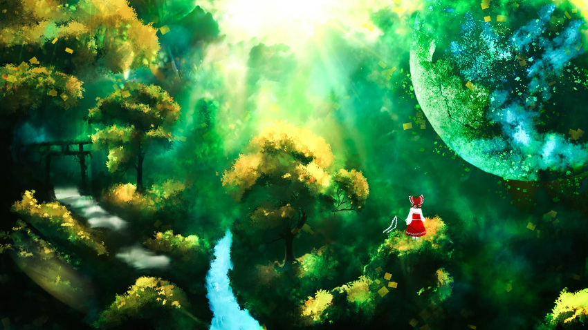 1girl akyuun black_hair bow clouds detached_sleeves english_commentary engrish_commentary forest from_behind gohei green_sky hair_bow hakurei_reimu highres light_rays nature planet red_skirt red_vest river road scenery skirt solo standing sun sunbeam sunlight surreal torii touhou tree vest walkway wide_shot