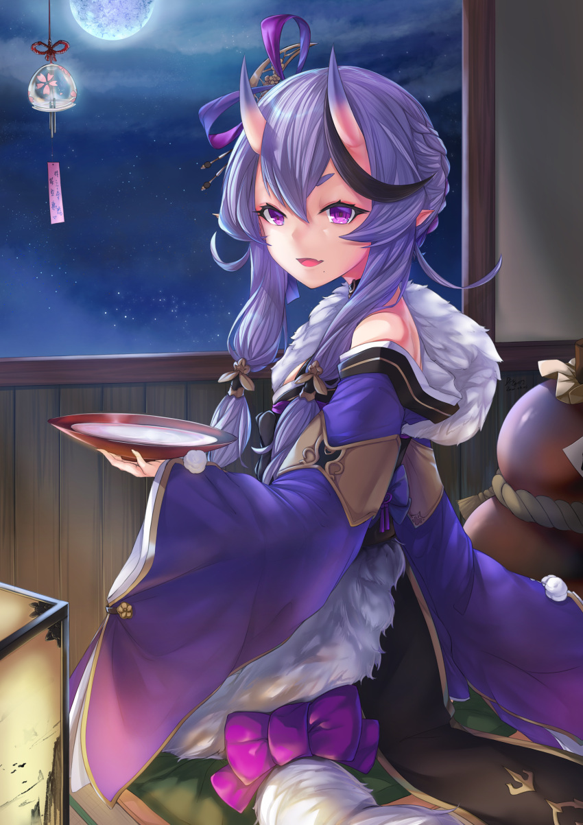 1girl absurdres black_hair bow clouds cup dincat fang from_side fur_trim gourd hair_bow hair_ornament hairpin highres holding holding_cup horns japanese_clothes kimono lantern long_hair long_sleeves multicolored_hair night night_sky nijisanji obi off_shoulder oni_horns open_mouth purple_hair purple_kimono rindou_mikoto sakazuki sash short_kimono sitting skin-covered_horns skin_fang sky sleeves_past_wrists solo star_(sky) starry_sky streaked_hair tagme thick_eyebrows violet_eyes virtual_youtuber wide_sleeves