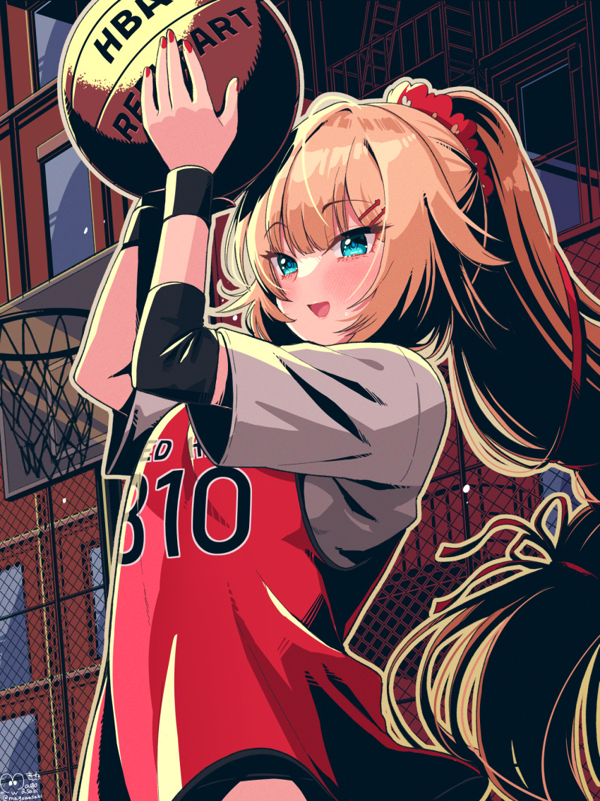 1girl :d akai_haato arms_up ball bangs basketball basketball_court basketball_uniform blonde_hair blue_eyes blush chain-link_fence commentary_request eyebrows_visible_through_hair fence fingerless_gloves gloves grey_shirt hair_ornament hair_ribbon hairpin highres holding holding_ball hololive long_hair magowasabi nail_polish open_mouth outdoors ponytail ponytail_holder red_nails red_ribbon red_vest ribbon shirt signature smile solo sportswear standing twitter_username upper_body very_long_hair vest virtual_youtuber